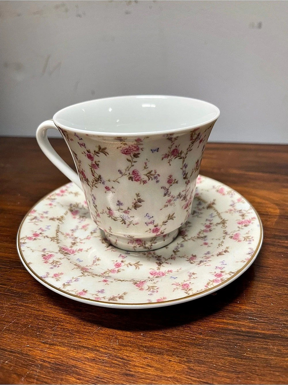 DaySpring Floral & Butterfly Pattern Teacup and Saucer Cream Pink & Purple